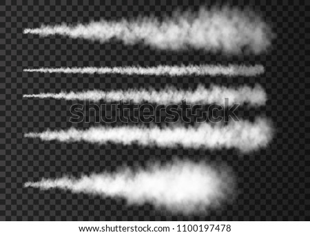 White smoke texture. Plane track isolated on transparent background. Realistic vector column of fog or mist.