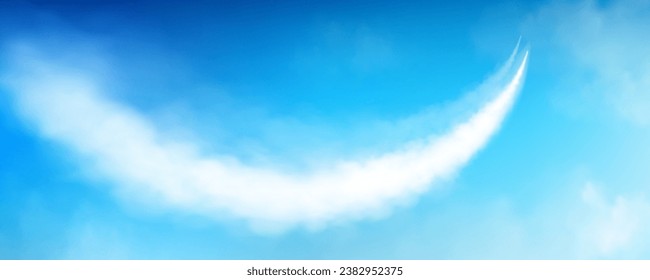 White smoke trail from airplane or rocket in blue sky. Realistic vector illustration of upward curving line of steam in air from plane takeoff. Vapor from aviation or jet with motion effect.