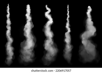 White Smoke Trail Of Jet, Plane Or Rocket Flight. Airplane Contrails In Air, Spray Of Fog Or Steam Flow From Spaceship Takeoff Isolated On Black Background, Vector Realistic Set