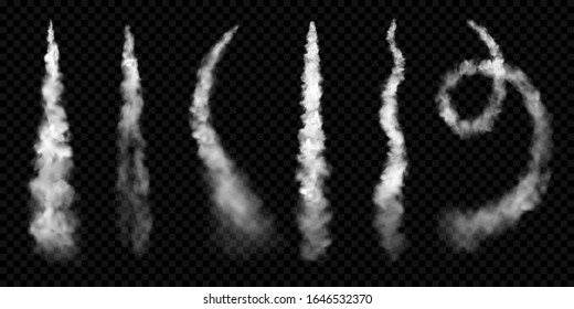 White smoke trails, vector realistic set of stem jet clouds of plane contrail or spaceship launch. Airplane track smoke trails in curve and spiral shape, smoky flow texture on transparent background