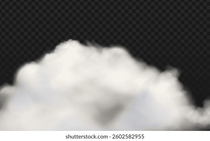 White smoke vector with realistic clouds on a dark checkered transparent background. Abstract smoke and 3D clouds, perfect for vector designs, fog illustrations, or cloud effects with realistic white 