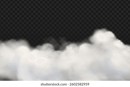 White smoke vector with realistic clouds on a dark checkered transparent background. Abstract smoke and 3D clouds, perfect for vector designs, fog illustrations, or cloud effects with realistic white 