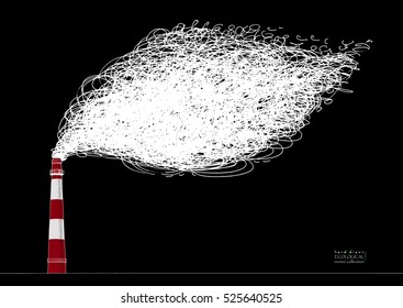 White smokestack on black background. Contrast illustration of air pollution caused by fume from factory and plant pipe, tube, chimney, trunk. Hand drawn ink vector sketch. Ecological collection.