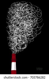 White smokestack on black background. Contrast illustration of air pollution caused by fume from factory and plant pipe, tube, chimney, trunk. Color hand drawn ink vector sketch. Ecological collection
