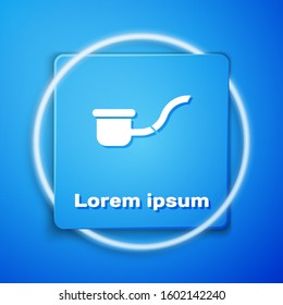 White Smoking pipe with smoke icon isolated on blue background. Tobacco pipe. Blue square button. Vector Illustration