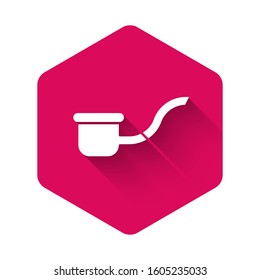 White Smoking pipe with smoke icon isolated with long shadow. Tobacco pipe. Pink hexagon button. Vector Illustration
