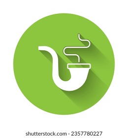 White Smoking pipe with smoke icon isolated with long shadow background. Tobacco pipe. Green circle button. Vector