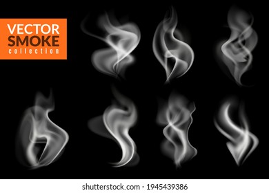 White smoky wisps. Realistic evaporation and burning traces collection, hot food steam, cigarette or hookah vapor, smoking texture isolated on black background, fog and mist vector set