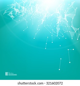 White smooth lines over blue background with polygonal network element. Abstraction for science presentations. Wireframe mesh polygonal element. Abstract futuristic background. Vector illustration.