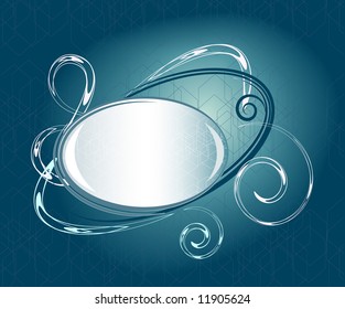 white smooth oval with dark frame on dark shining background with pattern from direct fine line