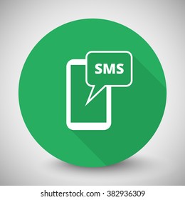 White Sms icon with long shadow on green circle