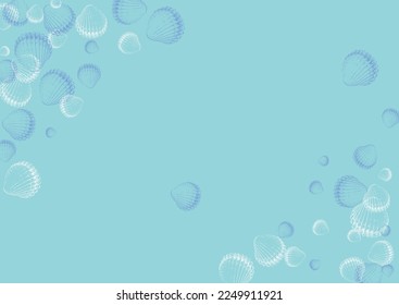 White Snail Background Blue Vector. Clam Vintage Illustration. Aquatic Textile Card. Ultramarine Scallop Sketch Pattern.