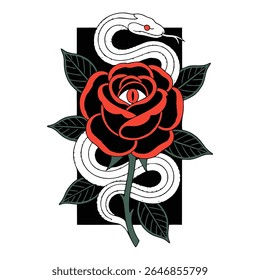 A white snake coils around a red rose with an eye at its center, set against a black rectangular backdrop.