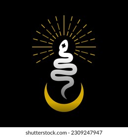 White snake with crescent moon and golden yellow light rays magic boho icon on black backgroud flat vector design