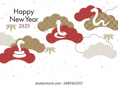 White snake and modern red and gold pine tree New Year greeting card template