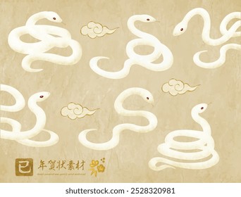 White snake New Year's card material set with handwritten touch Translation: Snake New Year's card material