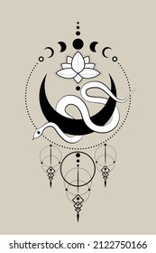 White Snake on Crescent Moon and Lotus Flower, Sacred geometry. Moon Phases, black half moon pagan Wiccan goddess symbol, wicca sign, energy circle, boho style, vector isolated on vintage background