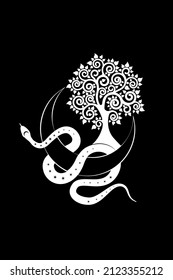 White Snake on Crescent Moon and Tree of life. Sacred geometry, Mystical celestial pagan Wiccan goddess symbol. Half moon wicca banner sign, tattoo, boho style vector isolated on black background