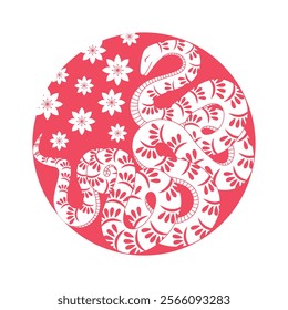 White snake wriggled into a red circle with white flowers. New Year symbol 2025. Chinese lunar new year card decoration. Vector design