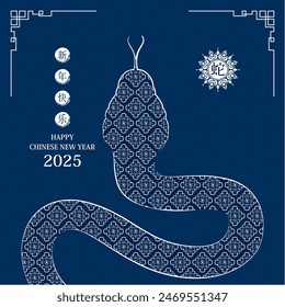 White snake zodiac on blue background for card design. Happy Chinese New Year 2025. Lunar calendar animal. Translation : happy new year 2025, year of the snake. Vector EPS10.