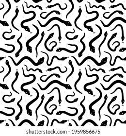 White snakes on black background seamless pattern. Vector hand drawn grunge style illustration icon. Different snakes seamless pattern