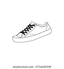 Tênis branco com ilustração de cadarços pretos com cadarços brancos e sola. Vetor de calçado minimalista para projetos de moda, estilo de vida e design de rua. Isolado sobre fundo branco