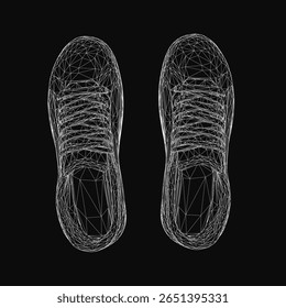 Las zapatillas blancas sobre un fondo negro presentan una superposición de alambre que destaca el diseño del zapato. La composición limpia y minimalista enfatiza la estética moderna y la estructura detallada.