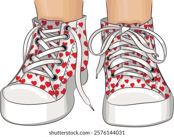 White sneakers with red hearts isolated on white