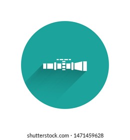 White Sniper optical sight icon isolated with long shadow. Sniper scope crosshairs. Green circle button. Vector Illustration