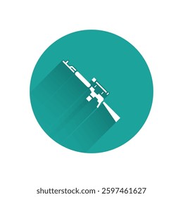 White Sniper rifle with scope icon isolated with long shadow. Green circle button. Vector Illustration