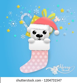 white Snow bear in socket,bell, snow flake,red hat,and text merry christmas
