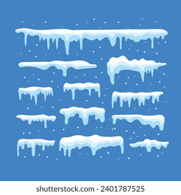 White snow caps, snowball, snowdrifts, snow pile and icicles vector collection, Snowy elements on winter background. Winter elements decorations