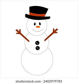 The white snow doll has a body of 3 snowballs accompanied by two buttons and a black and red hat with two brown wooden hands and smiling eyes and mout