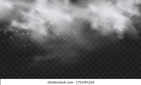 Explosión de nieve blanca con partículas y copos de nieve salpican aislados en un fondo oscuro transparente. Explosión de polvo de harina blanca, polvo de pintura Holi. Efecto niebla o niebla. Ilustración vectorial realista