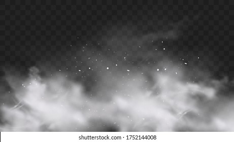 White snow explosion with particles and snowflakes splash isolated on transparent dark background. White flour powder explosion, Holi paint powder. Smog or fog effect. Realistic vector illustration
