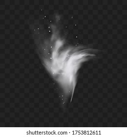 White Snow Explosion With Particles And Snowflakes Splash Isolated On Transparent Dark Background. White Flour Powder Explosion, Holi Paint Powder. Smog Or Fog Effect. Realistic Vector Illustration