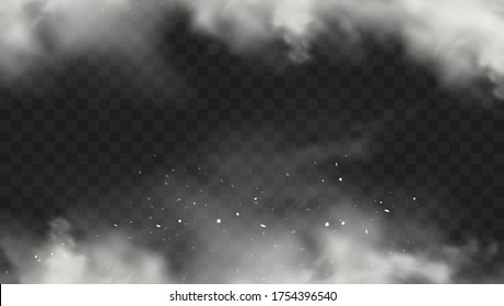 White snow explosion with particles and snowflakes splash isolated on transparent dark background. White flour powder explosion, Holi paint powder. Smog or fog effect. Realistic vector illustration