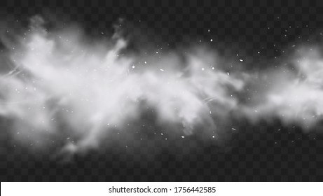 White Snow Explosion With Particles And Snowflakes Splash Isolated On Transparent Dark Background. White Flour Powder Explosion, Holi Paint Powder. Smog Or Fog Effect. Realistic Vector Illustration