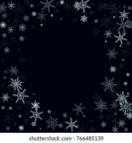 White Snow Falling on Black Background. White Snowflakes. Luxury Festive Background for your Christmas and New Year Design of Banners, Cards, Posters, Wallpaper. Winter Frost Print. Holiday Frame.