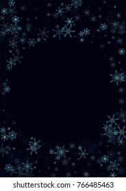 White Snow Falling on Black Background. White Snowflakes. Luxury Festive Background for your Christmas and New Year Design of Banners, Cards, Posters, Wallpaper. Winter Frost Print. Holiday Frame.