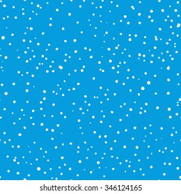 White snow falling on blue sky. Vector seamless pattern.