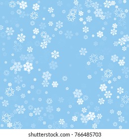 White Snow Falling on Blue Background. White Snowflakes. Luxury Festive Background for your Christmas and New Year Design of Banners, Cards, Posters, Wallpaper. Winter Frost Print. Holiday Frame.