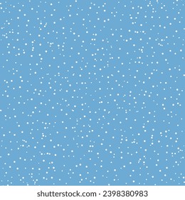White snow falling on sky blue background seamless pattern. Flat style snowfall repeating texture for christmas greeting card or banner. Vector eps8 illustration.