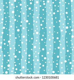 White snow falling on stripe blue background. Winter snowfall hand drawn texture. Vector seamless pattern
