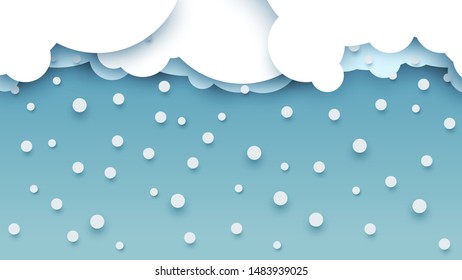 White snow falls from clouds in paper cut cartoon style. Winter minimal modern composition. Vector illustration.