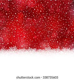 White snow flake border at the bottom of a red abstract background with blurry light dots and snow fall.