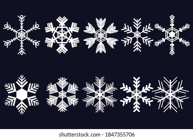 White snow flake vector set isolated on black background, illustration for christmas card decoration, winter concept, new year background