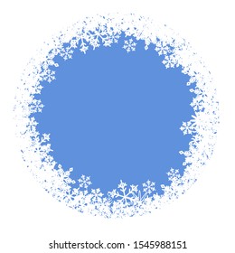 White snow flakes drawing isolated on blue background. Beautiful backdrop for decorating with copy space for your text.