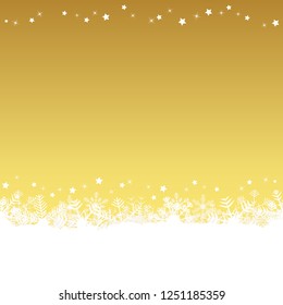 white snow flakes on bottom side and gold colored christmas background