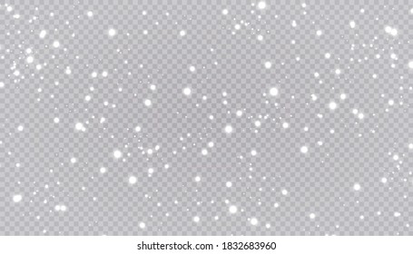 White snow flies on a transparent background. Christmas snowflakes. Winter blizzard background illustration.